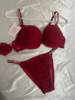 Madame Blume Lingerie Simli Taşlı Soft Vişne Sütyen Takımı Simli Vişne