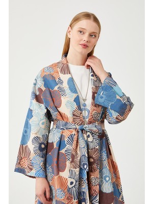 Levidor Indigo Ikili Takım Keten Çiçekli Kimono