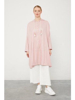 Levidor Pudra Kanguru Çepli Parlak Kumaş Tunik