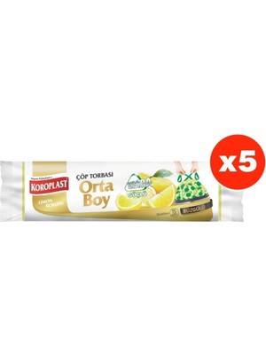 Koroplast Ekstra Güçlü Limon Büzgülü Orta Boy 15LI Çöp Torbası x 5 Paket (55*60 Cm)
