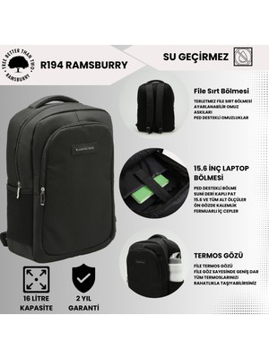 Ramsburry Unisex Siyah Su Geçirmez Kumaş Fonksiyonel ve Şık Tasarımlı 15.6 Inç Laptop Sırt Çantası