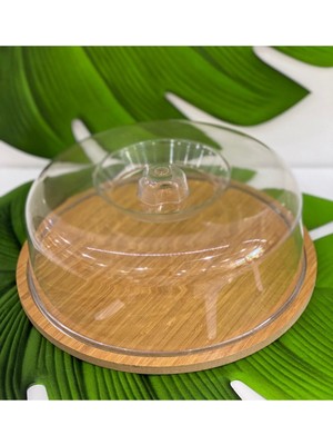 Morza Home Ahşap Stand Akrilik Kap Orta Boy Kek Fanus(Stand 26/kap 24CM)