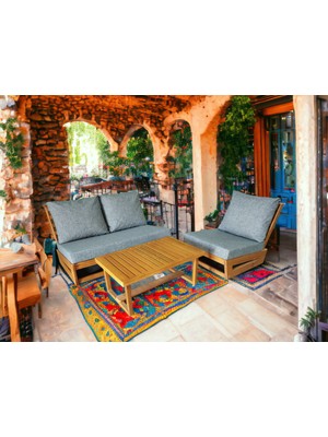 Zerka Concept Nepal Bahçe Balkon Masif Kestane Ahşap Koltuk 1 Adet ikili 1 Adet Tekli ve Orta Sehpa Gri