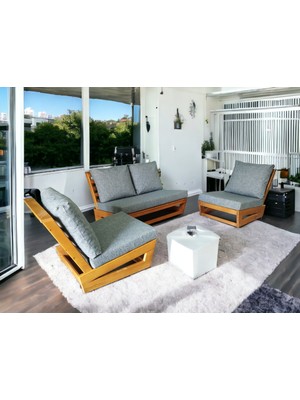 Zerka Concept Nepal Bahçe Balkon Masif Kestane Ahşap Koltuk 1 Adet ikili 2 Adet Tekli Gri