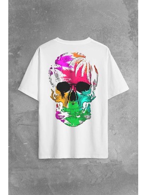 Rengarenk Kafatası Skull Head Gökkuşağı Renkleri Sırt Ön Baskılı Oversize Tişört  T-Shirt