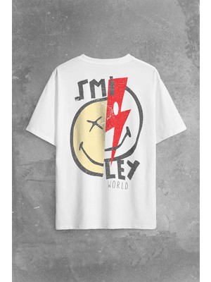 Kendim Seçtim Smile World Urban Street Culture Gülen Surat Sırt Ön Baskılı Oversize Tişört  T-Shirt