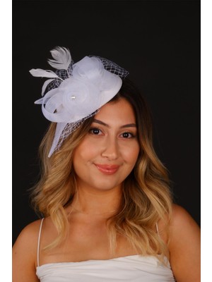 Hayalperest Boncuk Kırık Beyaz Vualet Nikah Şapkası Selina Gelin Aksesuarı