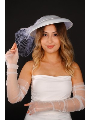 Hayalperest Boncuk Kırık Beyaz Vualet Nikah Şapkası Devin Incili Gelin Aksesuarı ve Tül Eldiven