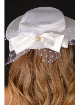 Hayalperest Boncuk Kırık Beyaz Vualet Nikah Şapkası Lema Taşlı Fiyonklu Gelin Aksesuarı