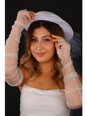 Hayalperest Boncuk Kırık Beyaz Vualet Nikah Şapkası Izem Incili Gelin Aksesuarı ve Gelin Eldiveni