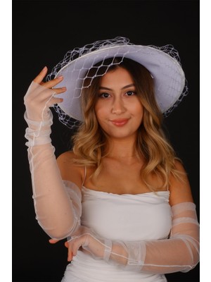 Hayalperest Boncuk Kırık Beyaz Vualet Nikah Şapkası Erna Tüllü Gelin Aksesuarı Tül Eldiven