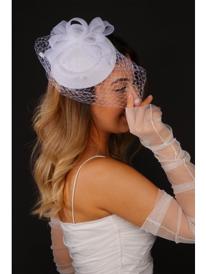 Hayalperest Boncuk Kırık Beyaz Vualet Nikah Şapkası Selis Gelin Aksesuarı ve Tül Eldiven