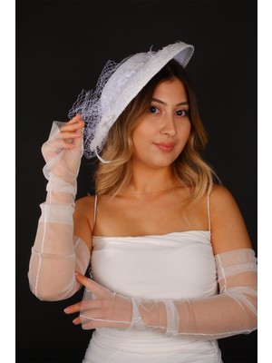 Hayalperest Boncuk Kırık Beyaz Vualet Nikah Şapkası Leyal Dantelli Gelin Aksesuarı ve Eldiven