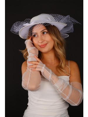 Hayalperest Boncuk Kırık Beyaz Vualet Nikah Şapkası Dilda Gelin Aksesuarı ve Tül Eldiven