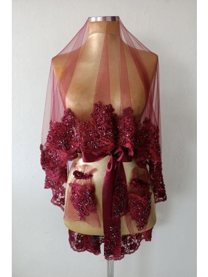 Hayalperest Boncuk Bordo Ultra Lüks Kristal Boncuk Işlemeli Gelin Kına Duvağı