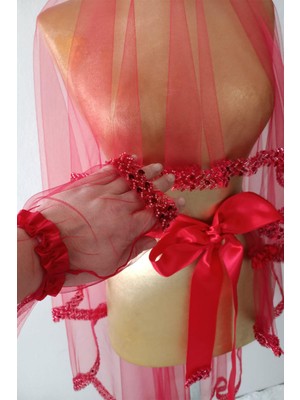 Hayalperest Boncuk Kırmızı Su Model Işlemeli Gelin Kına Duvağı Yüz Örtüsü 2 mt