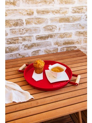 Kitchen Trend 30 cm Kırmızı Ahşap Kulplu Metal Tepsi Çay Tepsisi Kahve Tepsisi Sunum Tepsisi