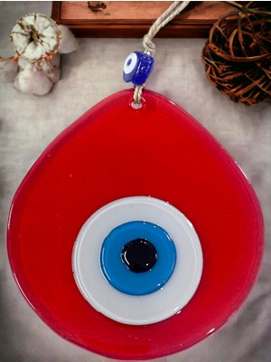 Mavi Nazar Boncuklu Şeffaf Kırmızı Renk Nazar Boncuklu Damla Desen El Yapımı Duvar Süsü