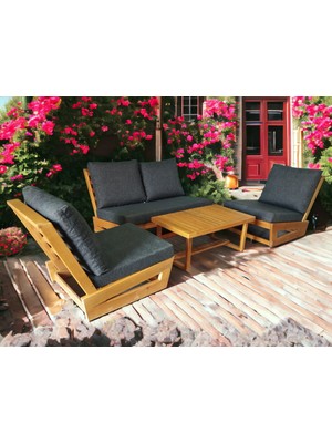 Zerka Concept Nepal Bahçe Balkon Masif Kestane Ahşap Koltuk Takımı 1 Adet ikili 2 Adet Tekli ve Orta Sehpa Antrasit Gri