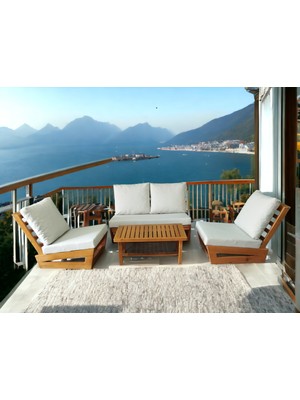 Zerka Concept Nepal Bahçe Balkon Masif Kestane Ahşap Koltuk 1 Adet Ikili 2 Adet Tekli ve Orta Sehpa Krem