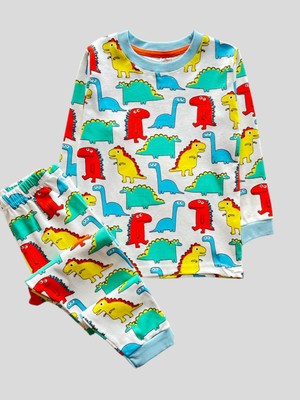 Elmas Kids Erkek Çocuk %100 Pamuklu Beyaz Dinozor Desenli Pijama Takımı