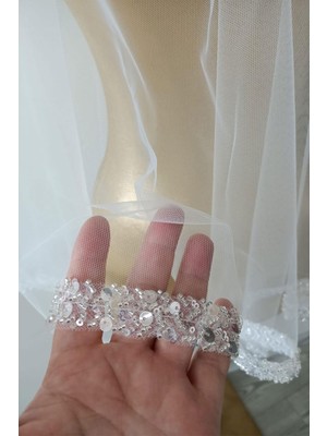 Hayalperest Boncuk Su Model Işlemeli Gelin Kına Duvağı Yüz Örtüsü 2 mt