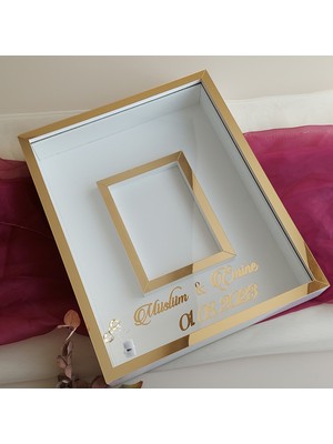 Verda Çerçeve Yarı Gold Beyaz 40X50 cm Fotoğraf Bölümlü Isimli Ledli Gül Saklama Kutusu! Anı Çerçevesi!