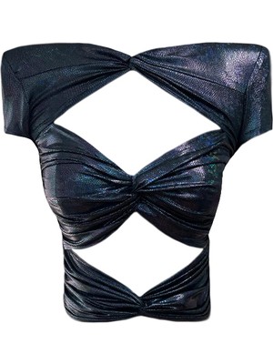 Gira Lacivert Hologram Pencere Detaylı Crop Top