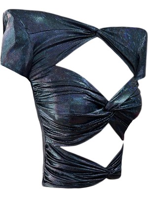 Gira Lacivert Hologram Pencere Detaylı Crop Top