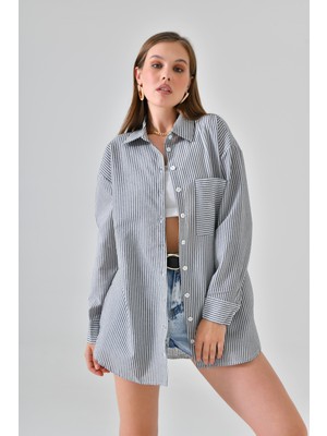 Saade Siyah Bürümcük Detaylı Çizgili Gömlek