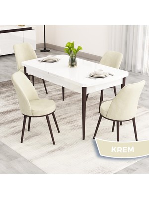 Canisa Nix Serisi Açılabilir 70X114 Beyaz Masa Ceviz Ayak Mutfak Masası Takımı ve 4 Sandalye