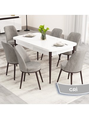 Canisa Nix Serisi Açılabilir 70X114 Beyaz Masa Ceviz Ayak Mutfak Masası Takımı ve 6 Sandalye