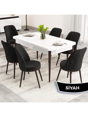 Canisa Nix Serisi Açılabilir 70X114 Beyaz Masa Ceviz Ayak Mutfak Masası Takımı ve 6 Sandalye