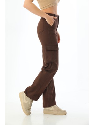Bikelife  Kahve Kargo Cepli Likralı  Yüksek Bel Wide Leg Pantolon