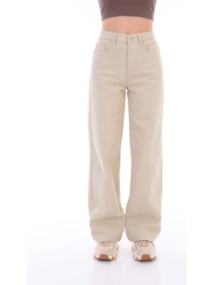 Bikelife Kadın Bej Geniş Paça Palazzo Yüksek Bel Pantolon %97 Pamuklu Desenli Günlük Stil