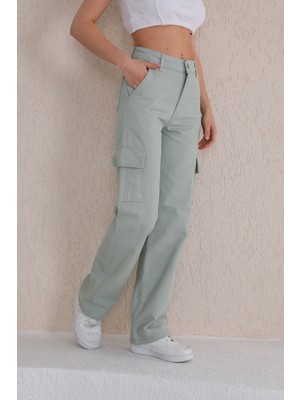 Bikelife  Kadın Açık Yeşil Yüksek Bel Geniş Paça Kargo Pantolon