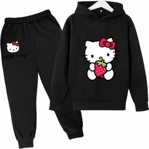 Kids Face Özel Tasarım Kapüşonlu Hello Kitty Çilek Baskılı  Pamuk Tam Kışlık Kız Çocuk Eşofman  Takımı
