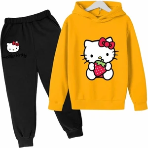 Kids Face Özel Tasarım Kapüşonlu Hello Kitty Çilek Baskılı  Pamuk Tam Kışlık Kız Çocuk Eşofman Takımı
