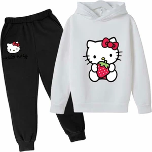 Kids Face Özel Tasarım Kapüşonlu Hello Kitty Çilek Baskılı  Pamuk Tam Kışlık Kız Çocuk Eşofman Takımı