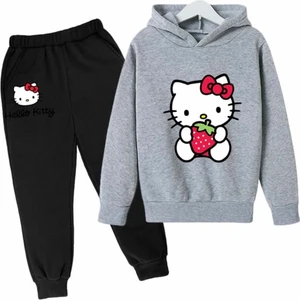 Kids Face Özel Tasarım Kapüşonlu Hello Kitty Çilek Baskılı 3 Iplik Şardonlu  Pamuk Tam Kışlık Kız Çocuk Eşofman Takımı