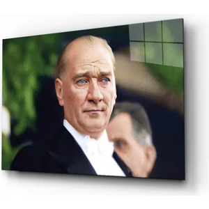 Renkli Mustafa Kemal Atatürk Portresi Cam Tablo, Ev ve Ofis Duvar Dekoru, Hediyelik, Temperli Cam