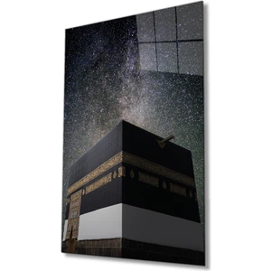Kabe ve Yıldızlı Gökyüzü Dini Islami Cam Tablo, Ev ve Ofis Duvar Dekoru, Hediyelik, Temperli Cam