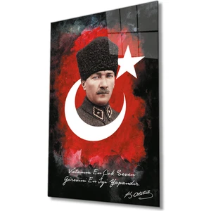 Mustafa Kemal Atatürk Türk Bayrağı Cam Tablo, Vatanını En Çok Seven Görevini En Iyi Yapandır, Dekor