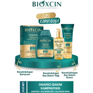Keratin & Argan Onarıcı Şampuan 300ML + Keratin Argan Saç Bakım Yağı + Saç Kremi