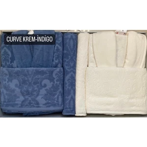 Curve Aile Bornoz Seti- Krem Indigo