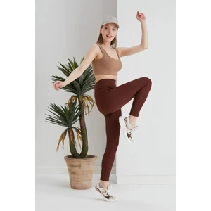 Kadın Yüksek Bel Fitilli Toparlayıcı Tayt Günlük Kullanım İçin Kahverengi