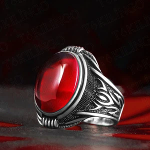 925 Ayar Gümüş Orijinal Ateş Kehribar Taşlı Usta Işi Erkek Yüzük