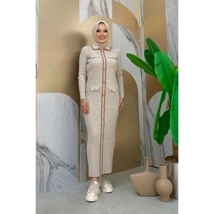 Bym Fashion Düğme Detaylı Cep Görünümlü Triko Dar Elbise 23312 Taş