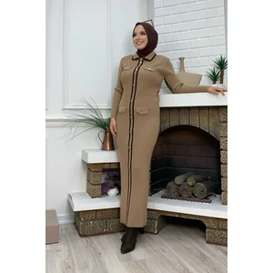 Bym Fashion Düğme Detaylı Cep Görünümlü Triko Dar Elbise 23312 Taba