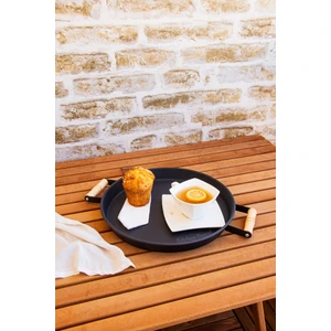 Kitchen Trend 30 cm Siyah Ahşap Kulplu Metal Tepsi Çay Tepsisi Kahve Tepsisi Sunum Tepsisi